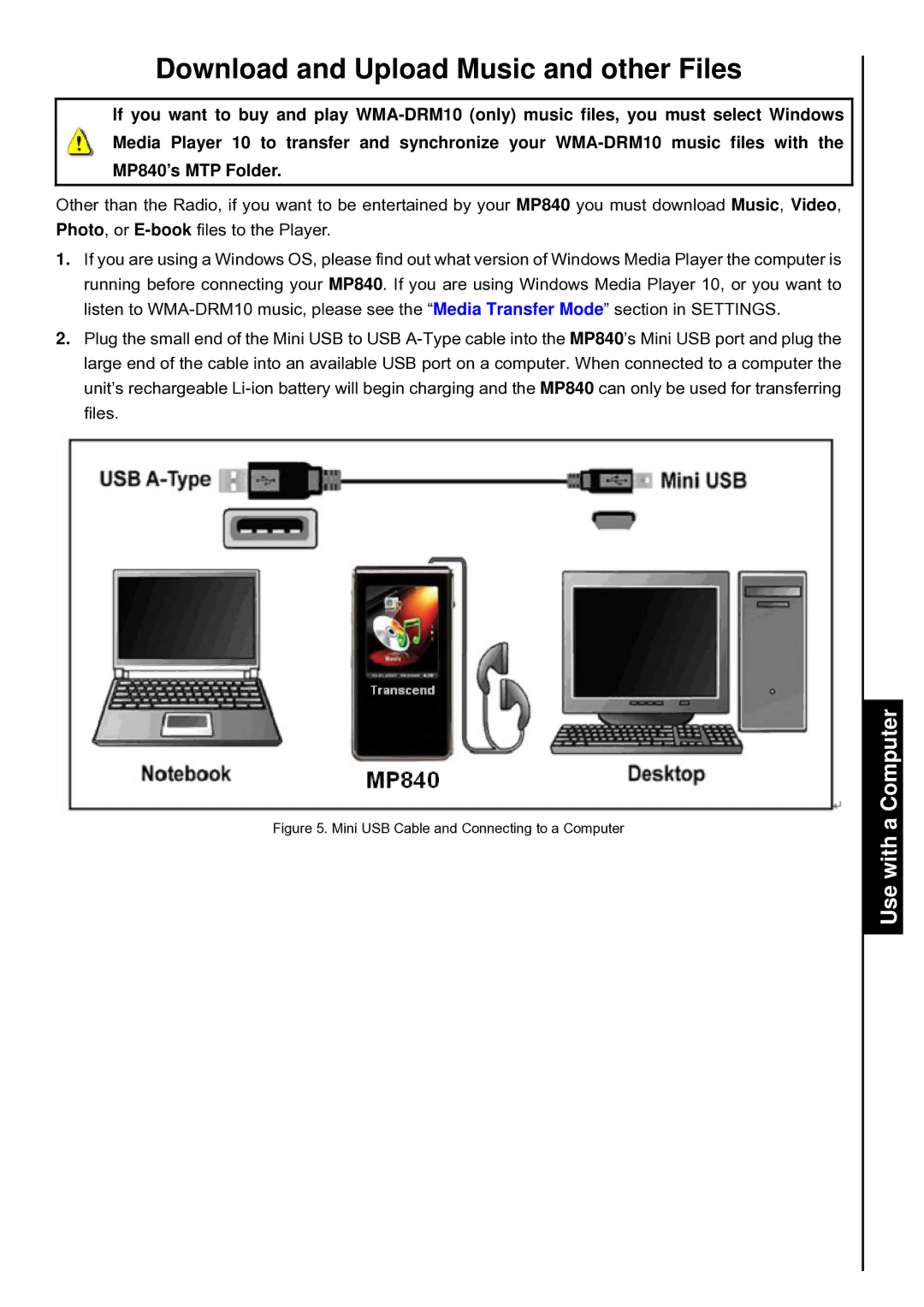 Transcend Information MP840 Download and Upload Music and other Files, Mini USB Cable and Connecting to a Computer 