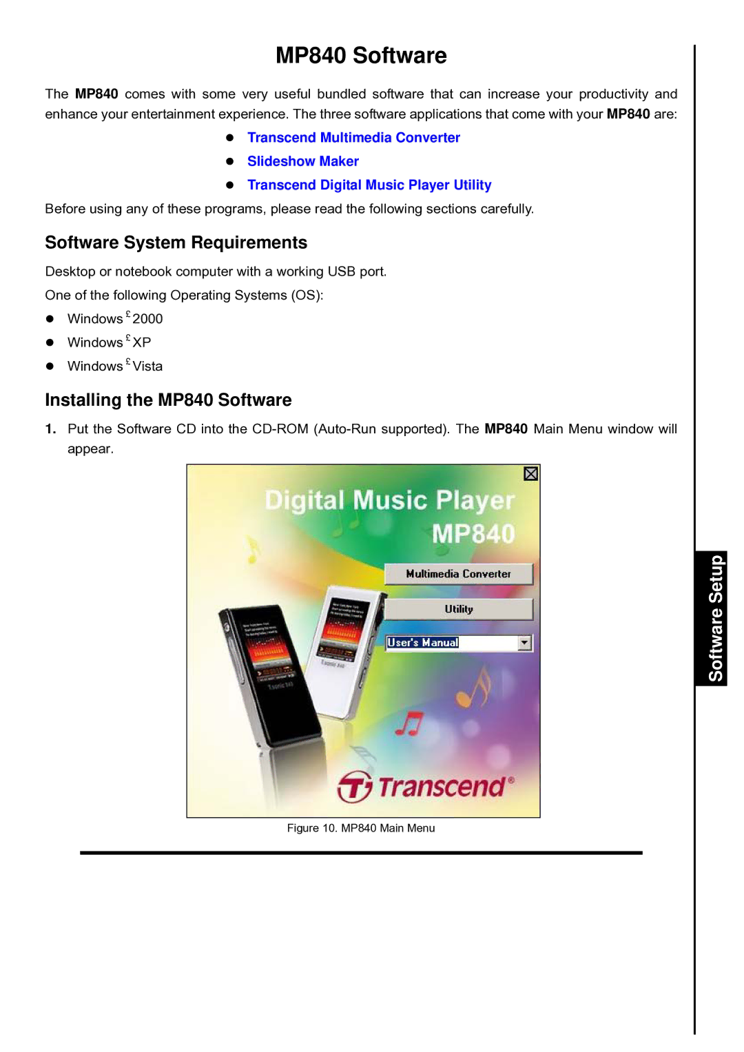 Transcend Information TS4GMP840 Software System Requirements, Installing the MP840 Software, Software Setup 