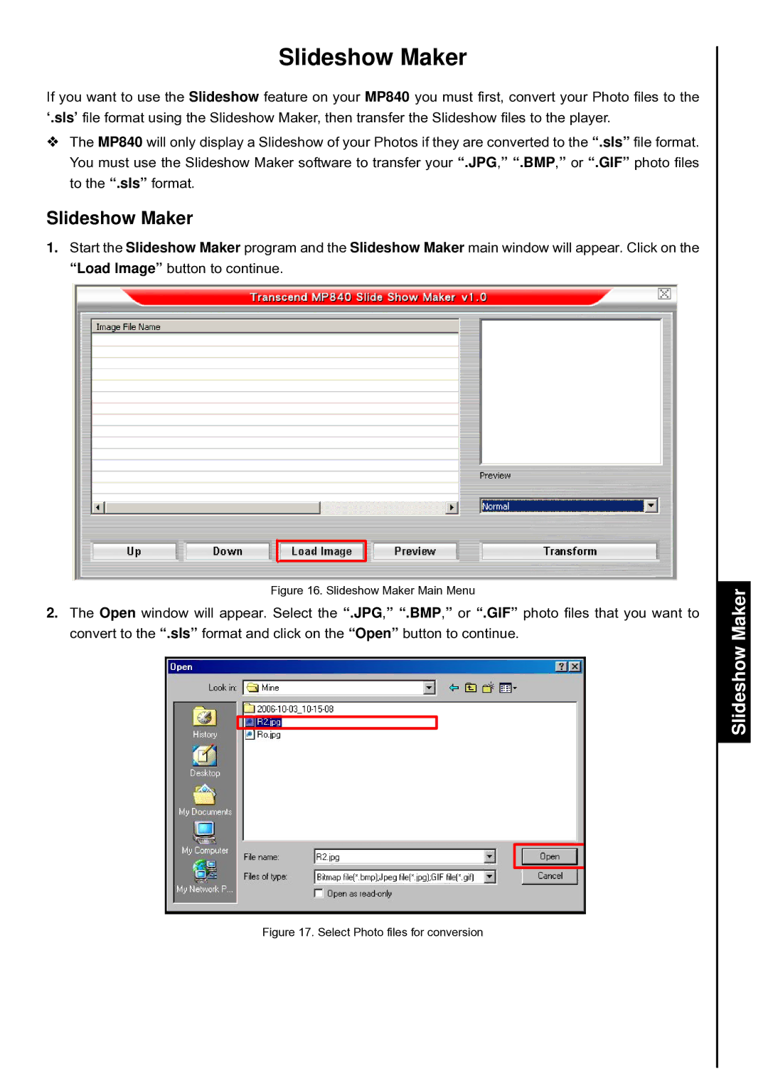 Transcend Information TS4GMP840, TS8GMP840, TS2GMP840 user manual Slideshow Maker 