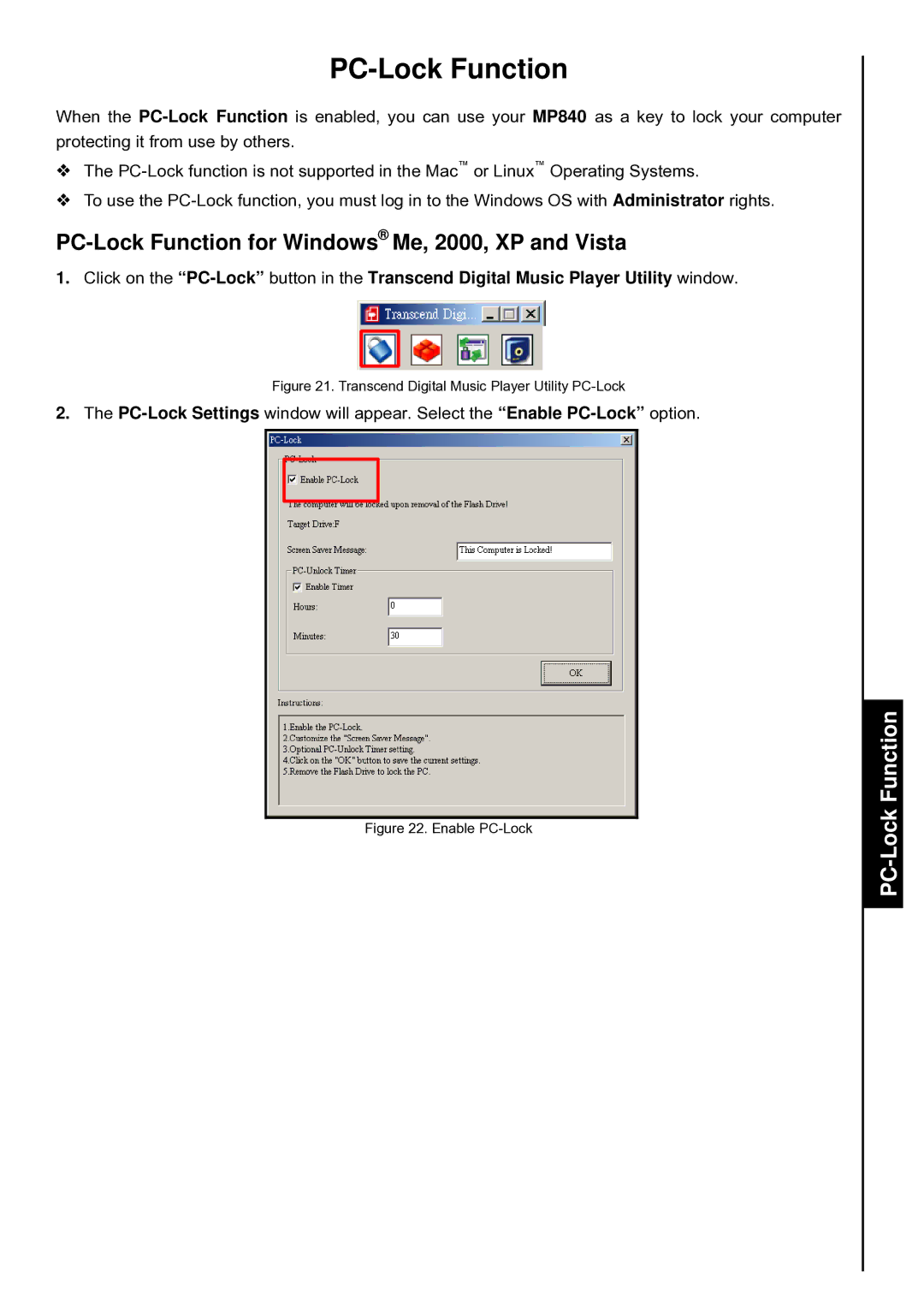 Transcend Information TS4GMP840, TS8GMP840, TS2GMP840 user manual PC-Lock Function for Windows Me, 2000, XP and Vista 