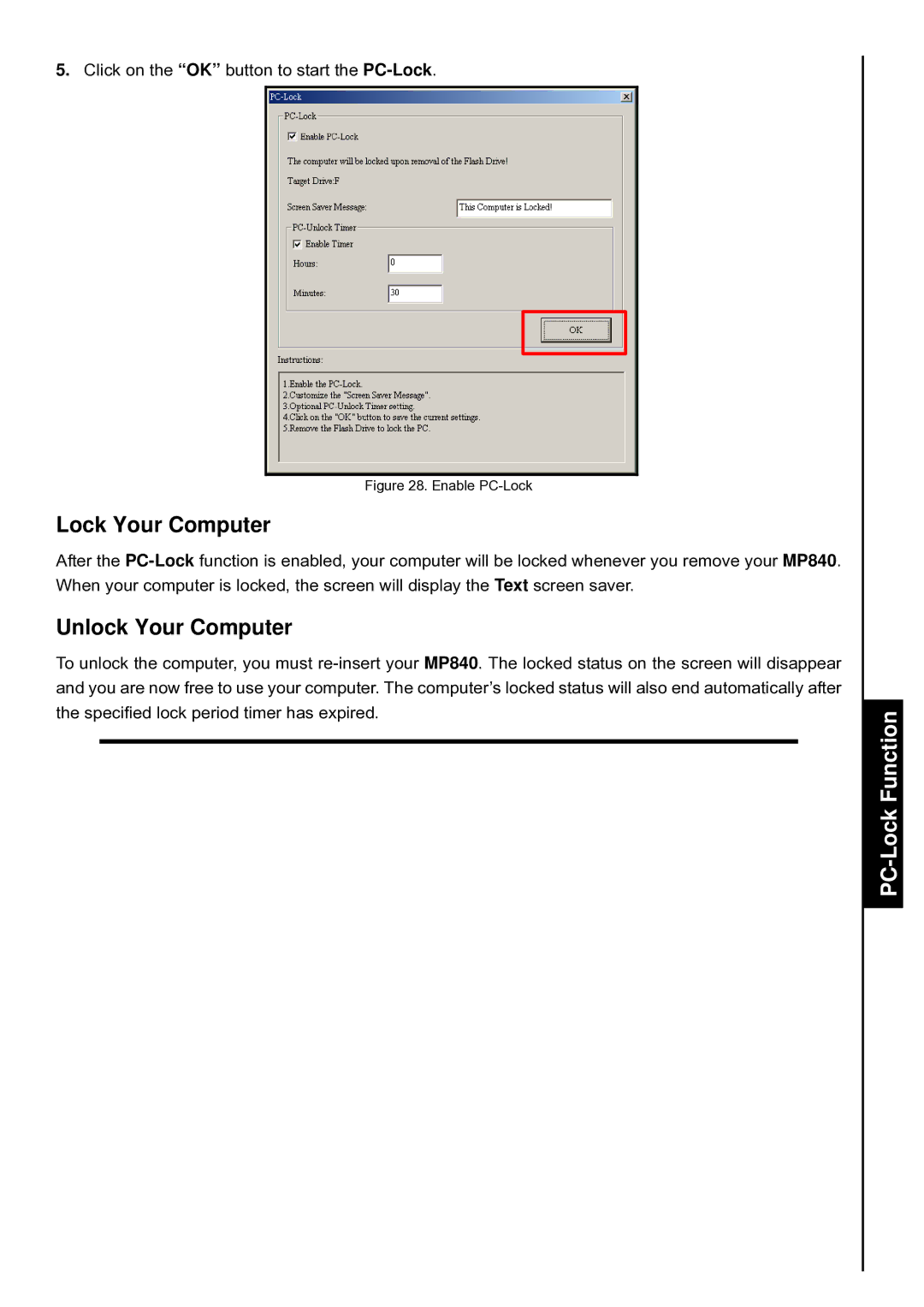 Transcend Information TS8GMP840, TS4GMP840, TS2GMP840 user manual Lock Your Computer, Unlock Your Computer 