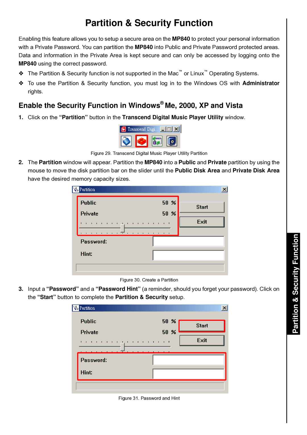 Transcend Information TS2GMP840, TS4GMP840, TS8GMP840 user manual Partition & Security Function 