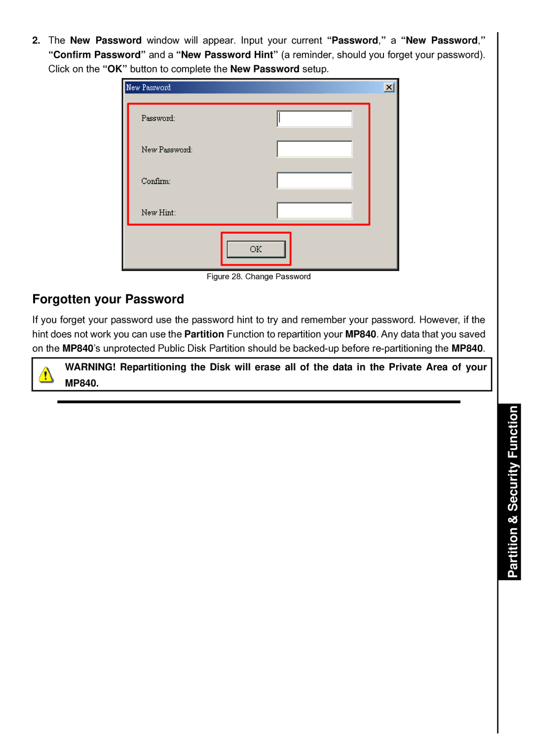 Transcend Information TS4GMP840, TS8GMP840, TS2GMP840 user manual Forgotten your Password, Change Password 