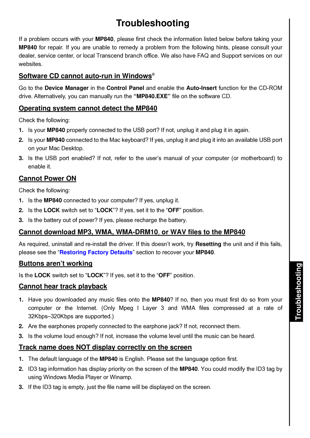 Transcend Information TS8GMP840, TS4GMP840, TS2GMP840 user manual Troubleshooting 