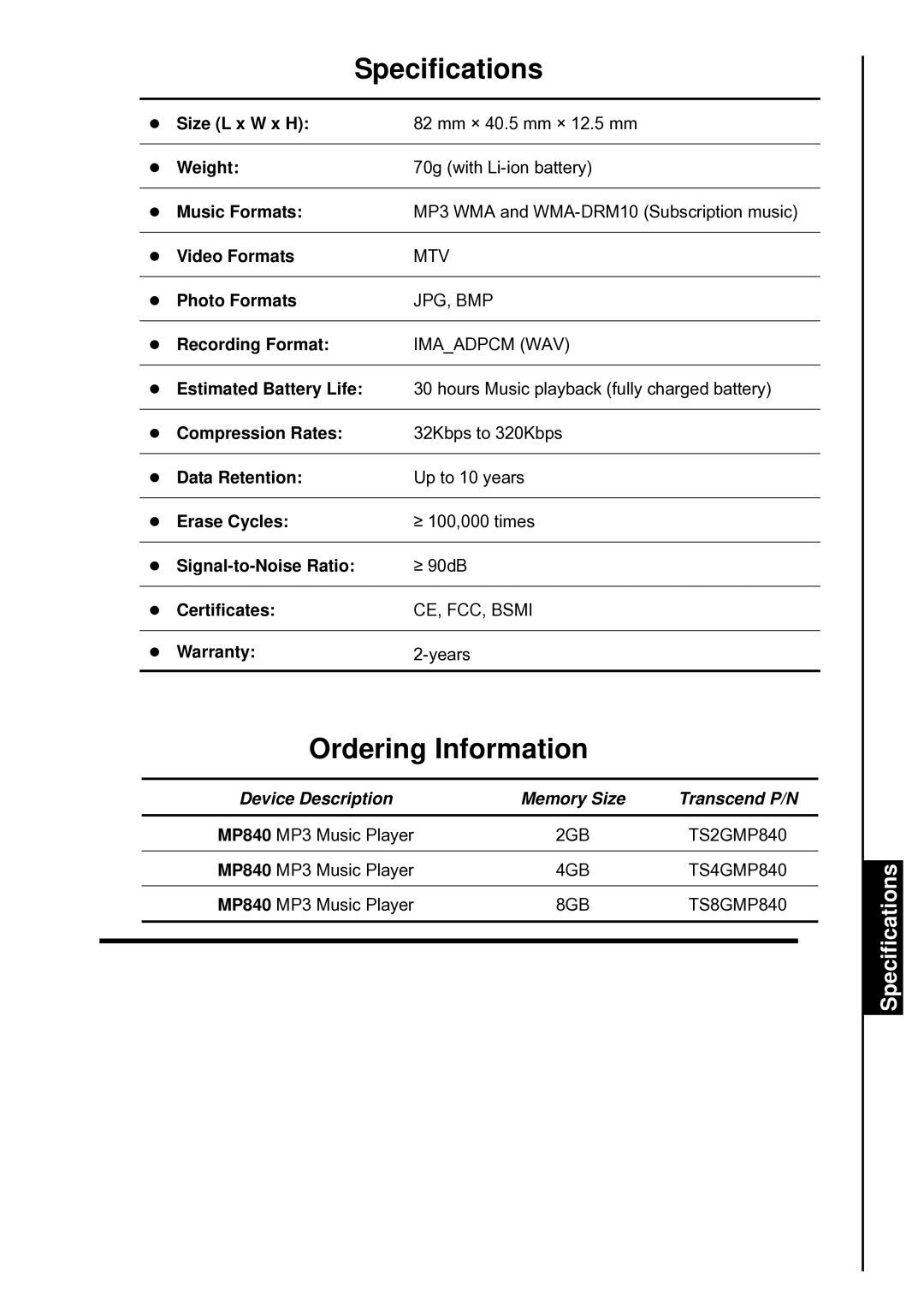 Transcend Information TS4GMP840, TS8GMP840, TS2GMP840 user manual Specifications, Ordering Information 