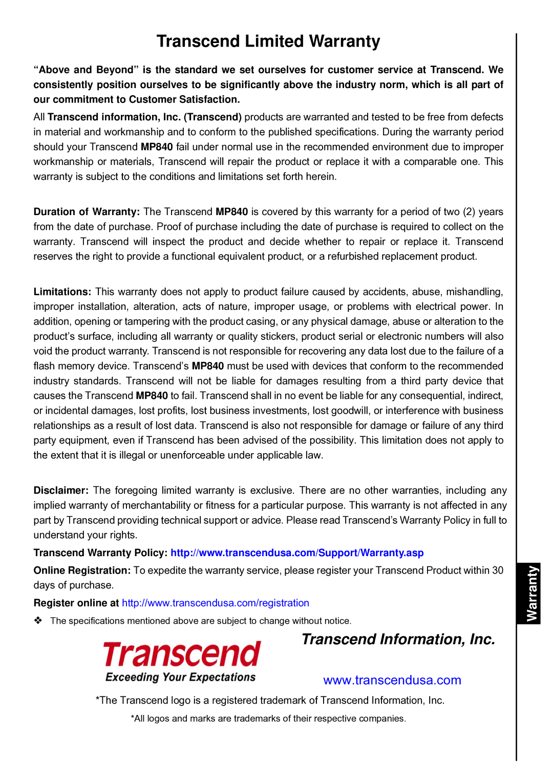 Transcend Information TS8GMP840, TS4GMP840, TS2GMP840 user manual Transcend Limited Warranty 