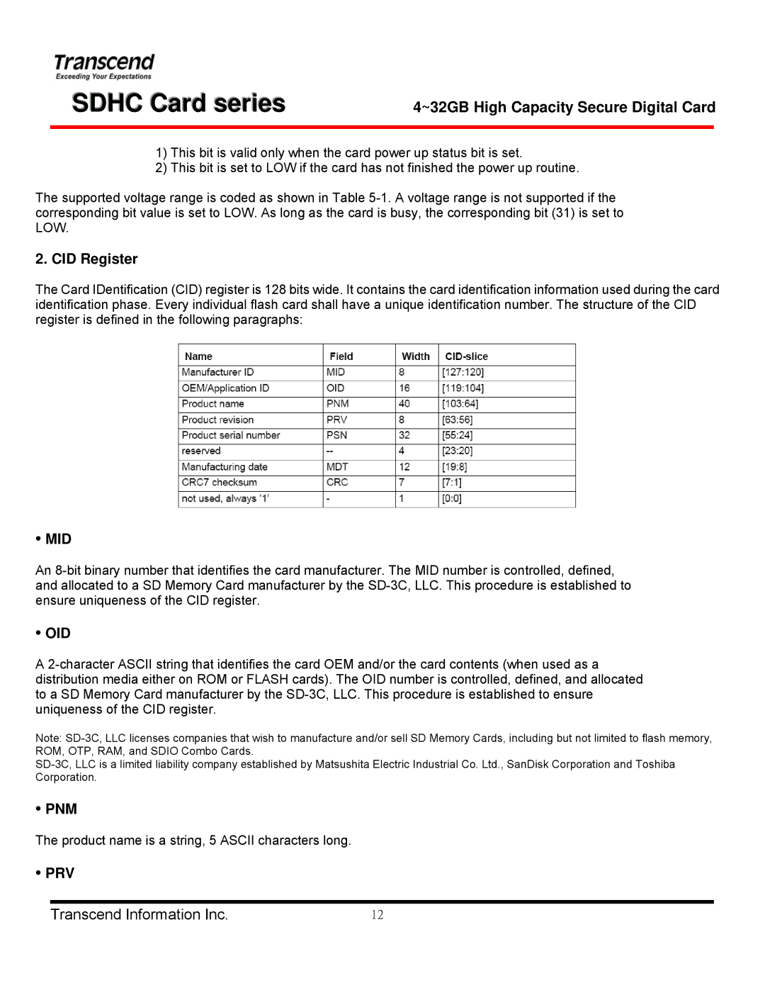 Transcend Information TS4GSDHC 6, TS32GSDHC 6, TS8GSDHC 6, TS16GSDHC 6 manual CID Register, Mid, Oid, Pnm, Prv 