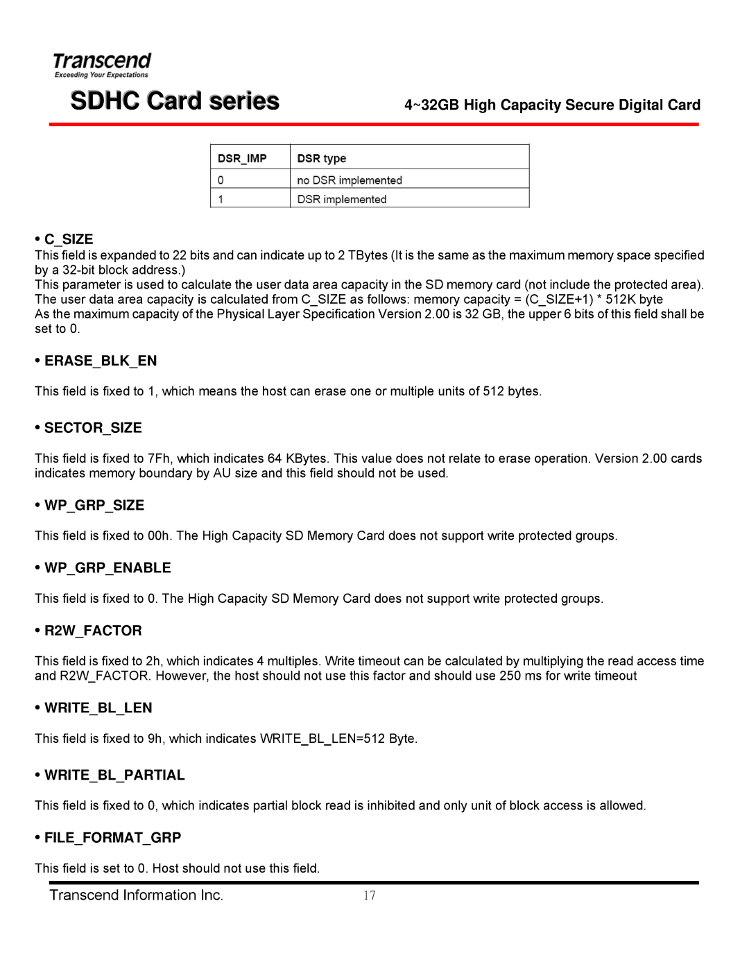 Transcend Information TS32GSDHC 6, TS4GSDHC 6 Csize, Eraseblken, Sectorsize, Wpgrpsize, Wpgrpenable, R2WFACTOR, Writebllen 