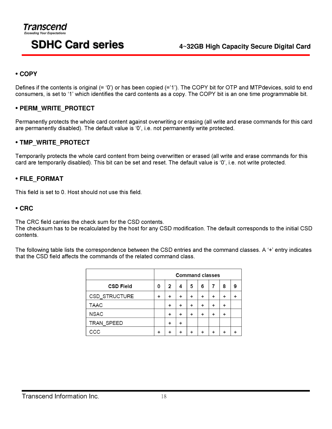 Transcend Information TS8GSDHC 6, TS4GSDHC 6, TS32GSDHC 6, TS16GSDHC 6 Copy, Permwriteprotect, Tmpwriteprotect, Fileformat 