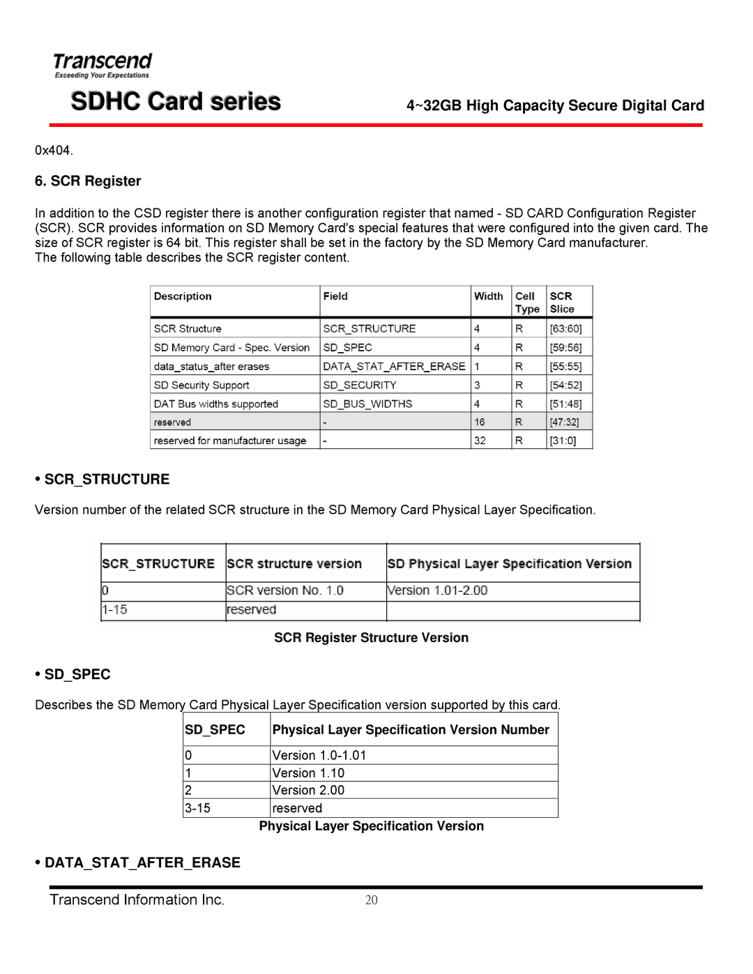 Transcend Information TS4GSDHC 6, TS32GSDHC 6, TS8GSDHC 6 manual SCR Register, Scrstructure, Sdspec, Datastataftererase 