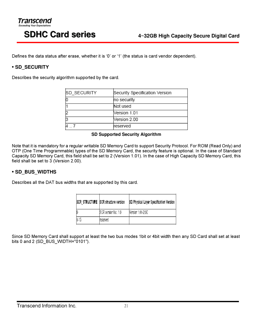 Transcend Information TS32GSDHC 6, TS4GSDHC 6, TS8GSDHC 6, TS16GSDHC 6 manual Sdsecurity, Sdbuswidths 