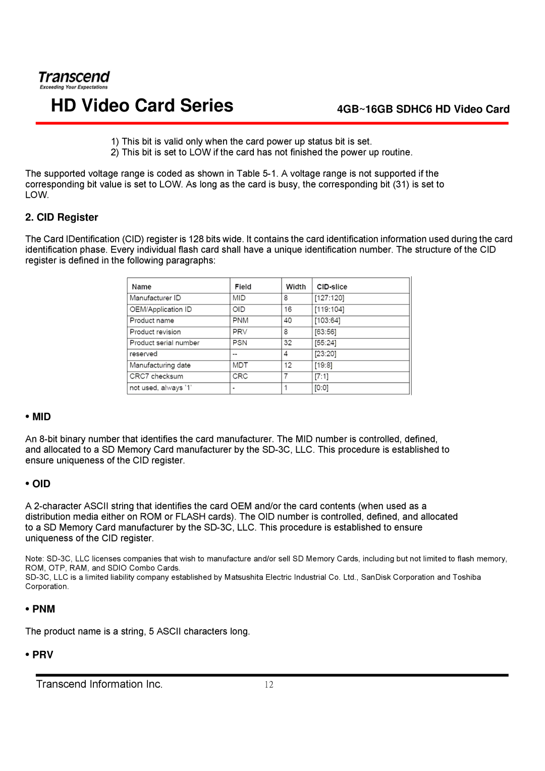 Transcend Information TS4GSDHC6V manual CID Register, Mid, Oid, Pnm, Prv 