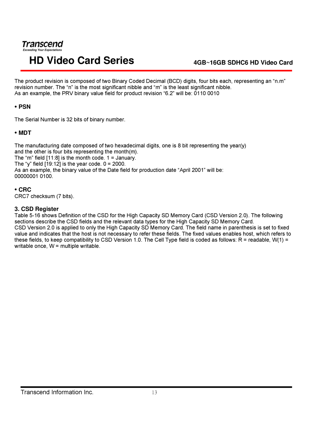 Transcend Information TS4GSDHC6V manual Psn, Mdt, Crc, CSD Register 