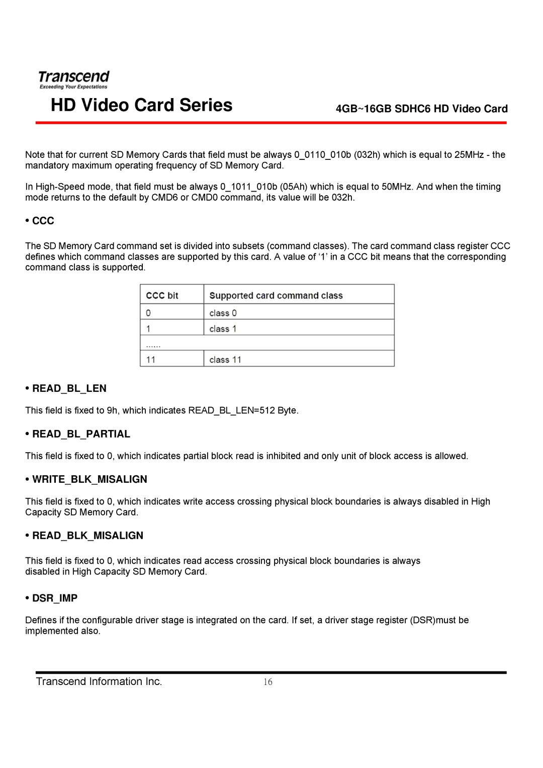 Transcend Information TS4GSDHC6V manual Ccc, Readbllen, Readblpartial, Writeblkmisalign, Readblkmisalign, Dsrimp 