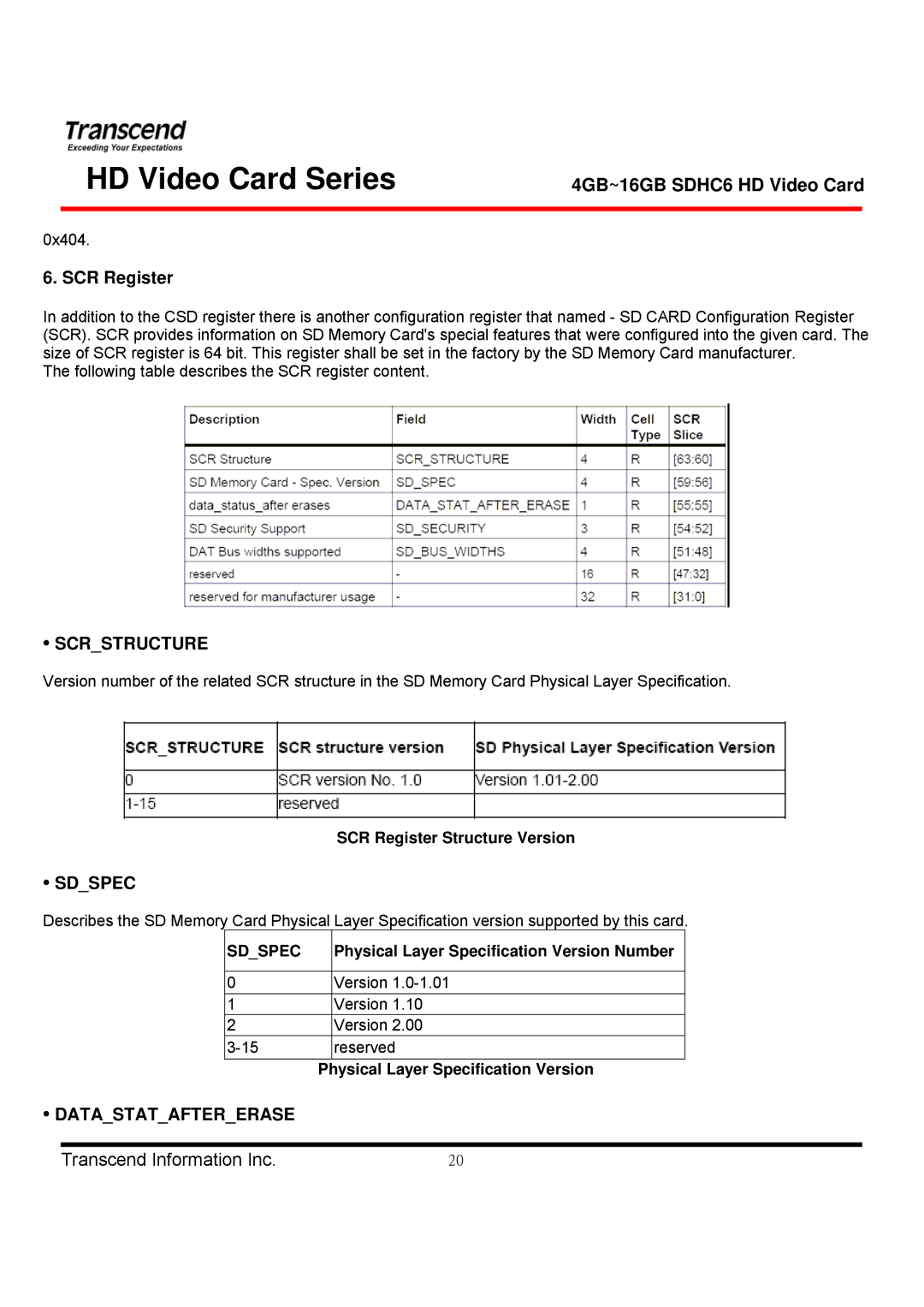 Transcend Information TS4GSDHC6V manual SCR Register, Scrstructure, Sdspec, Datastataftererase 