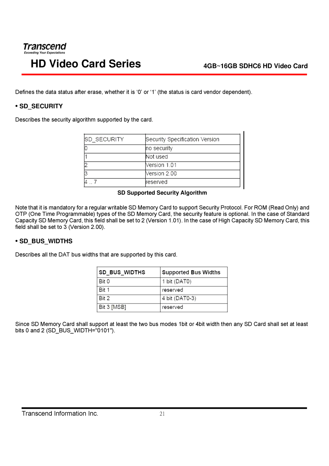 Transcend Information TS4GSDHC6V manual Sdsecurity, Sdbuswidths 