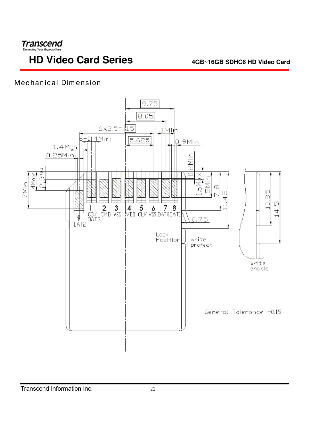 Transcend Information TS4GSDHC6V manual Mechanical Dimension 