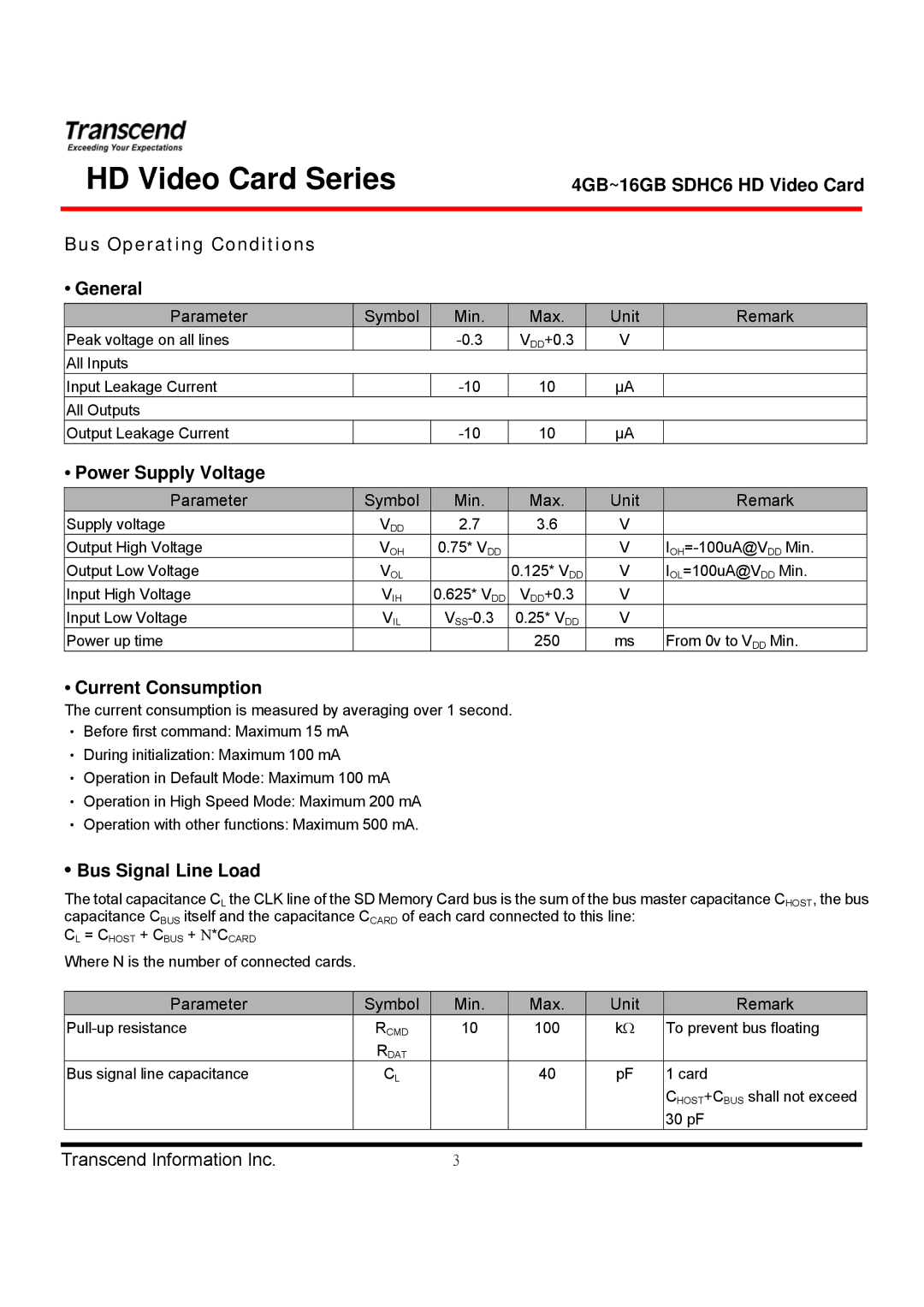 Transcend Information TS4GSDHC6V manual Power Supply Voltage, Current Consumption, Bus Signal Line Load 