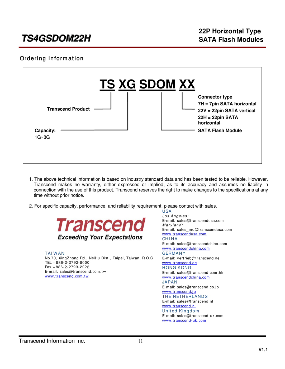 Transcend Information TS4GSDOM22H dimensions TS XG Sdom, Ordering Information 