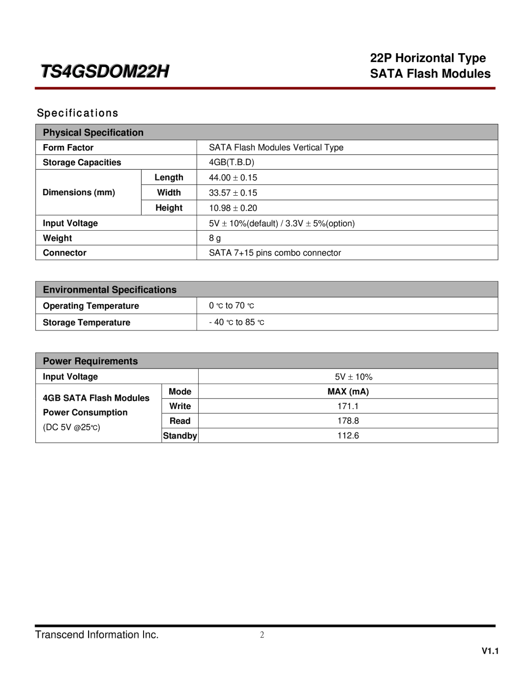 Transcend Information TS4GSDOM22H dimensions Physical Specification, Environmental Specifications, Power Requirements 