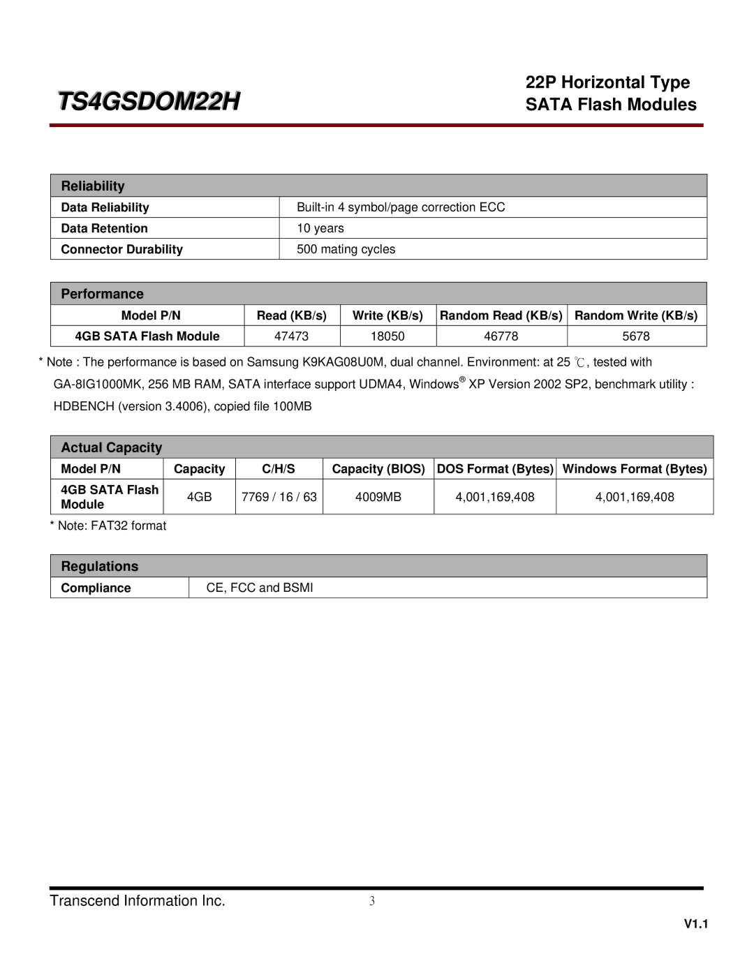 Transcend Information TS4GSDOM22H dimensions Reliability, Performance, Actual Capacity, Regulations 