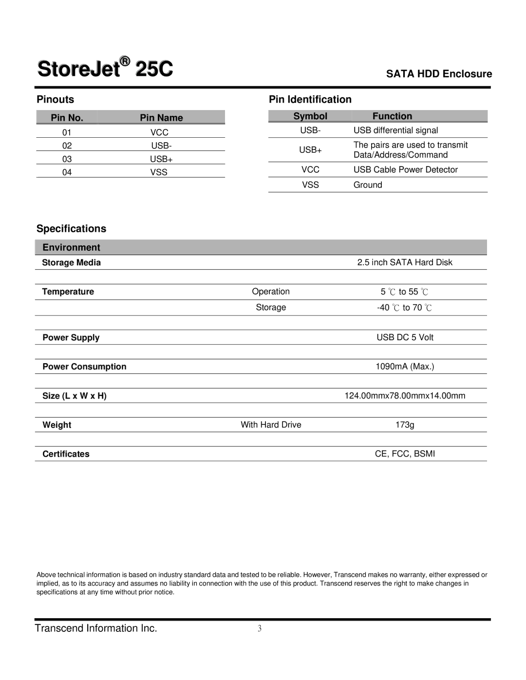 Transcend Information TS500GSJ25C, TS250GSJ25C, TS320GSJ25C Sata HDD Enclosure Pinouts, Pin Identification, Specifications 