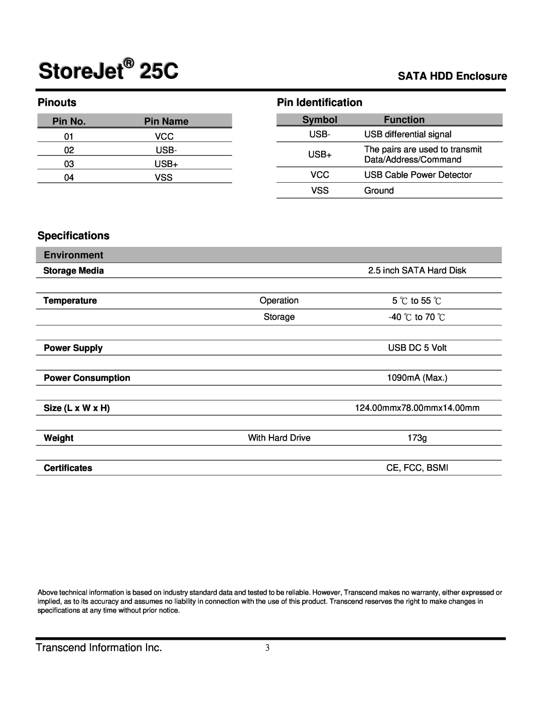 Transcend Information TS500GSJ25C Pinouts, Pin Identification, Specifications, Pin No, Pin Name, Symbol, Function, Weight 