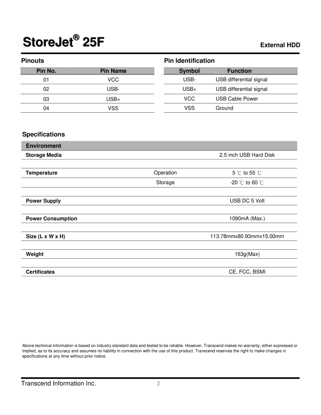 Transcend Information TS250GSJ25F, TS500GSJ25F, TS320GSJ25F External HDD Pinouts, Pin Identification, Specifications 