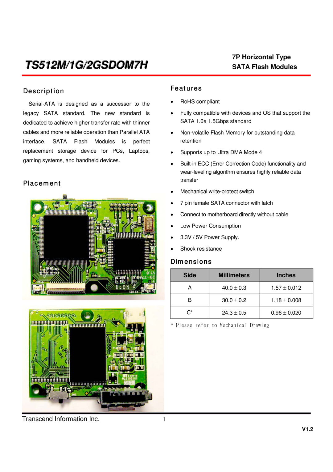 Transcend Information TS2GSDOM7H dimensions 7P Horizontal Type, Sata Flash Modules, Description, Placement Features 