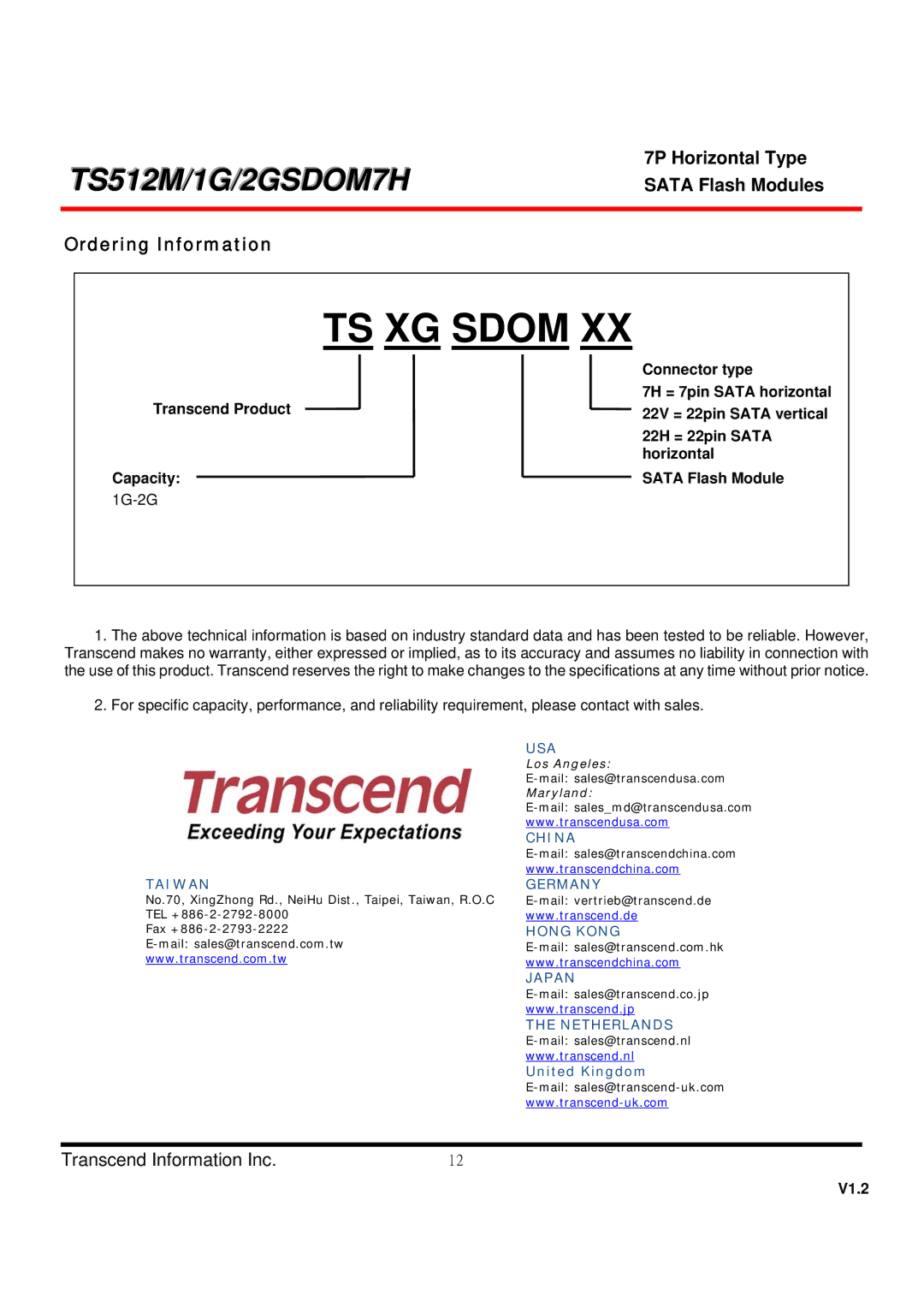 Transcend Information TS512MSDOM7H, TS2GSDOM7H, TS1GSDOM7H dimensions TS XG Sdom, Ordering Information 