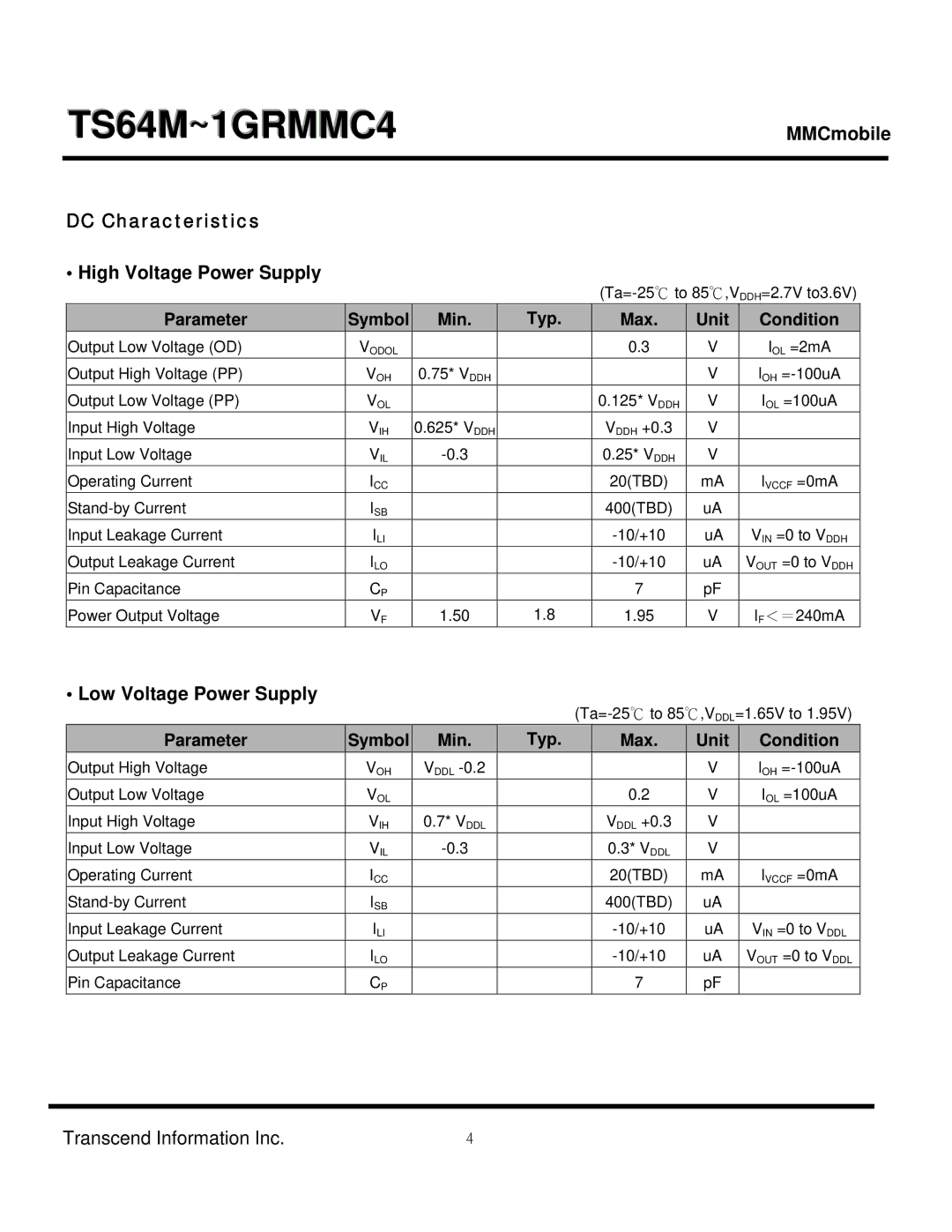 Transcend Information TS64MRMMC4, TS1GRMMC4 manual DC Characteristics High Voltage Power Supply, Low Voltage Power Supply 