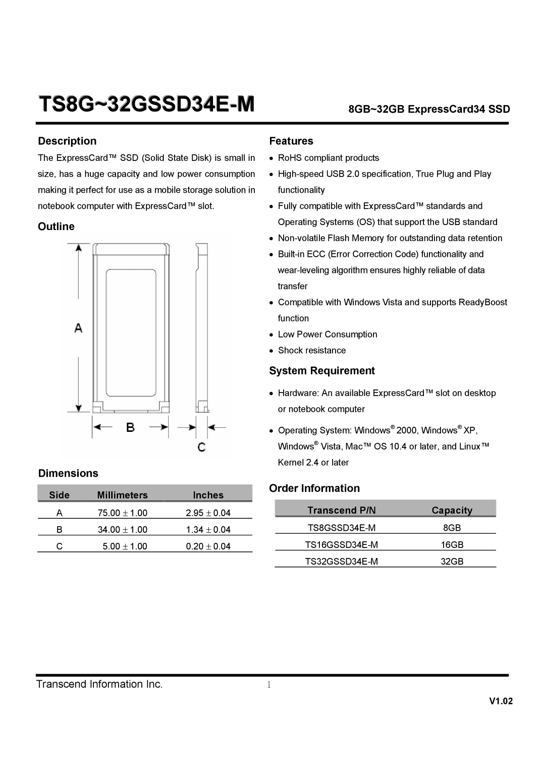 Transcend Information TS8~32GSSD34E-M dimensions Description, Outline Dimensions, Features, System Requirement 