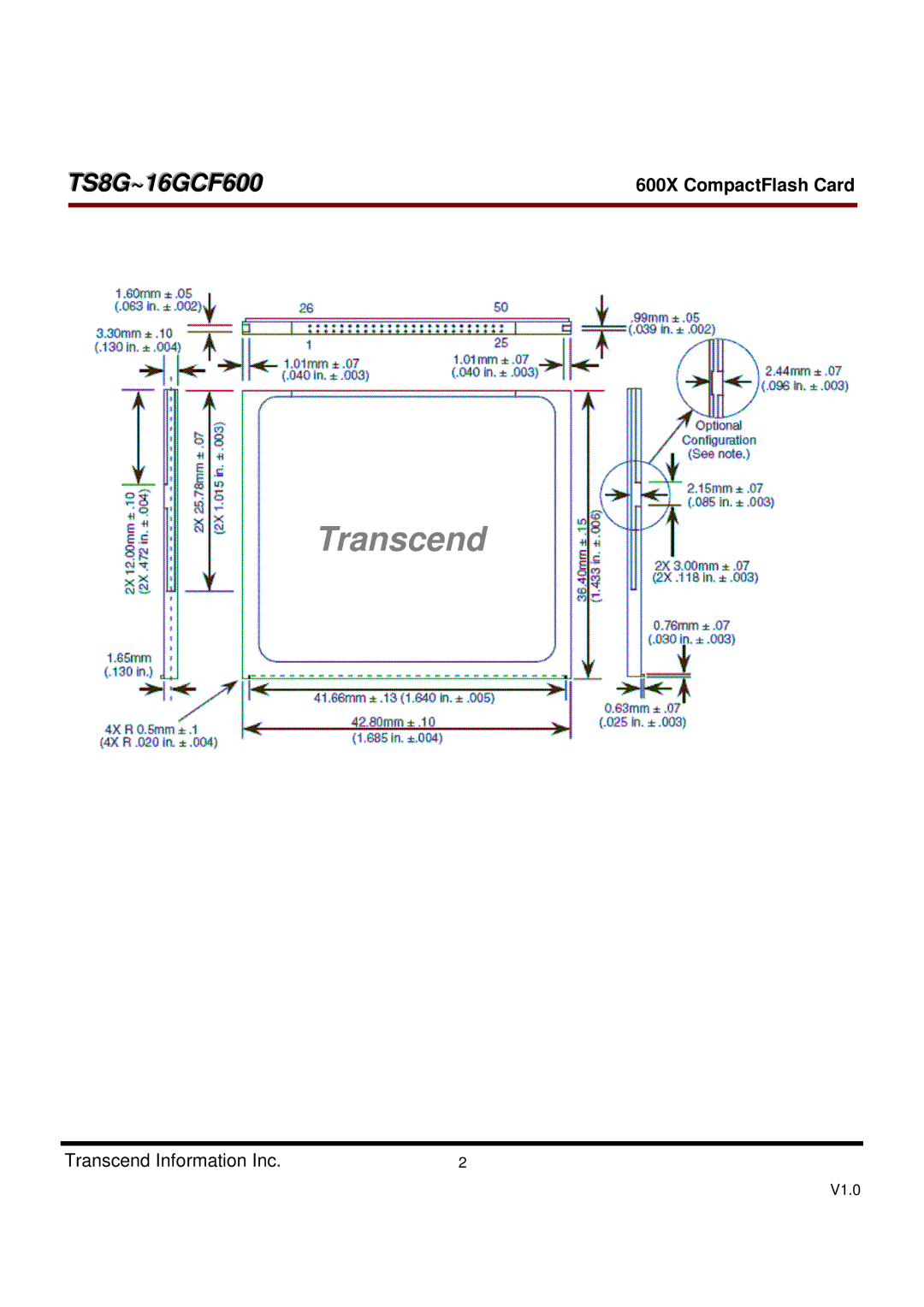 Transcend Information TS8GCF600, TS16GCF600 dimensions Transcend 