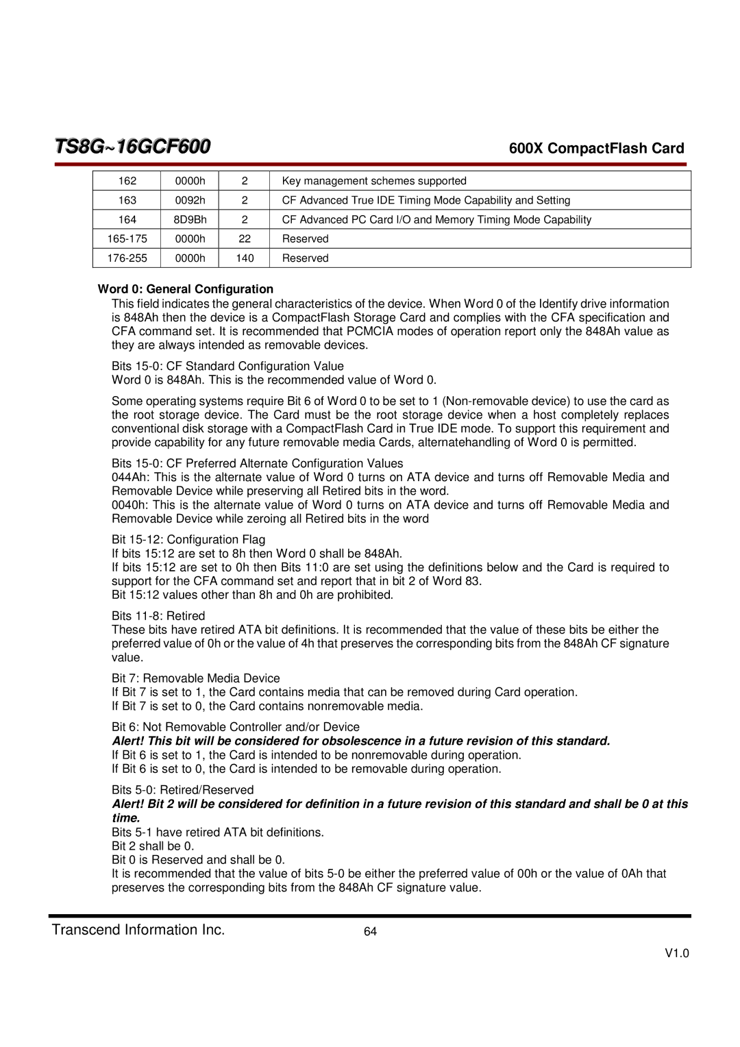 Transcend Information TS8GCF600, TS16GCF600 Word 0 General Configuration, Key management schemes supported, Reserved 