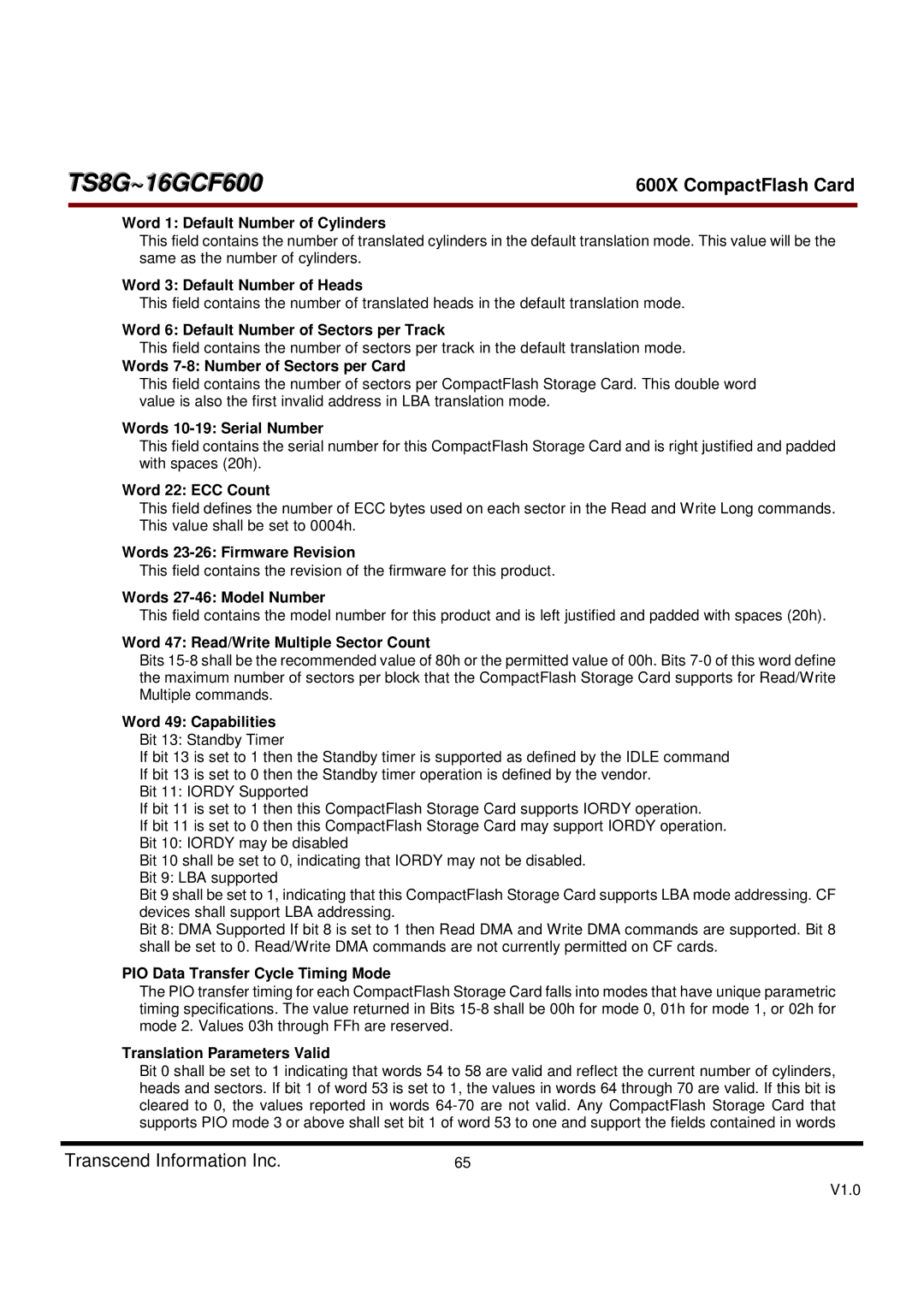 Transcend Information TS16GCF600 Word 1 Default Number of Cylinders, Word 3 Default Number of Heads, Word 22 ECC Count 