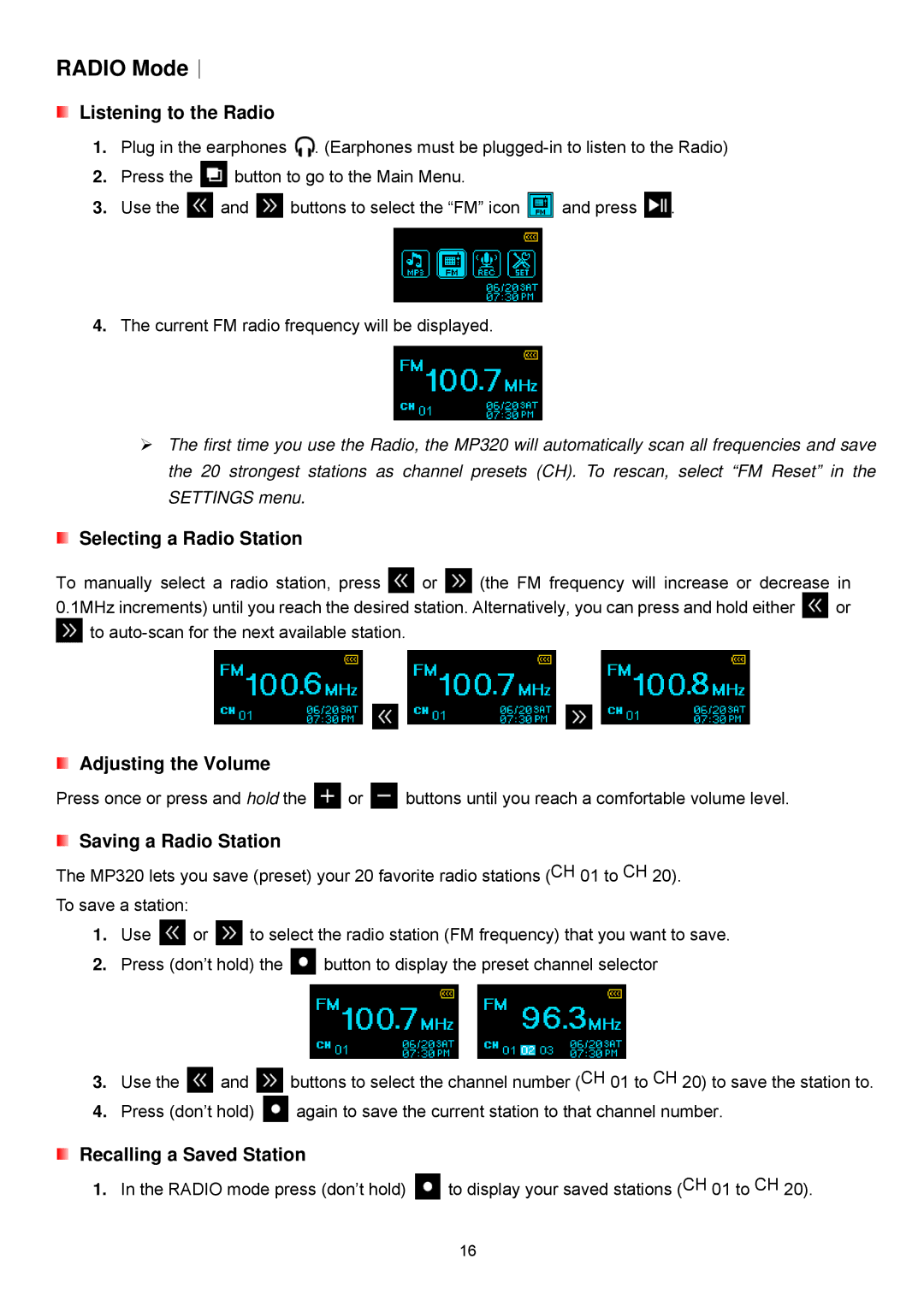 Transcend Information TS8GMP320, TS2GMP320, TS4GMP320 user manual Radio Mode︱, Listening to the Radio 