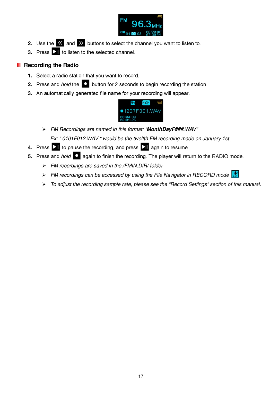 Transcend Information TS2GMP320, TS8GMP320, TS4GMP320 user manual Recording the Radio 