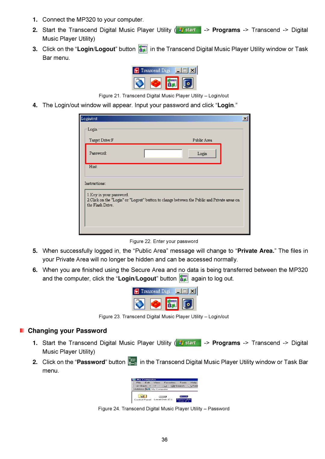 Transcend Information TS8GMP320, TS2GMP320, TS4GMP320 user manual Transcend Digital Music Player Utility Login/out 