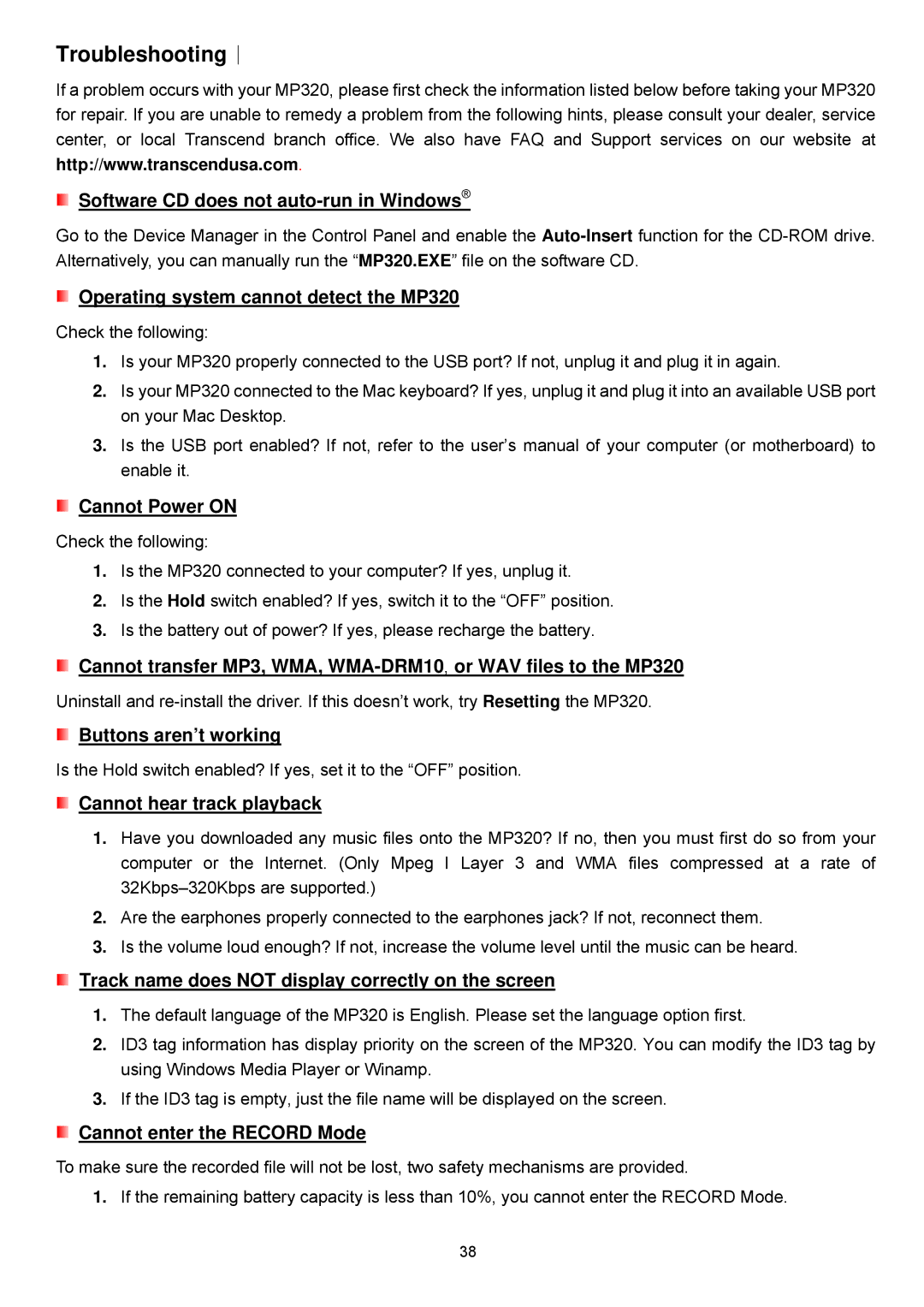 Transcend Information TS4GMP320, TS8GMP320, TS2GMP320 user manual Troubleshooting︱ 