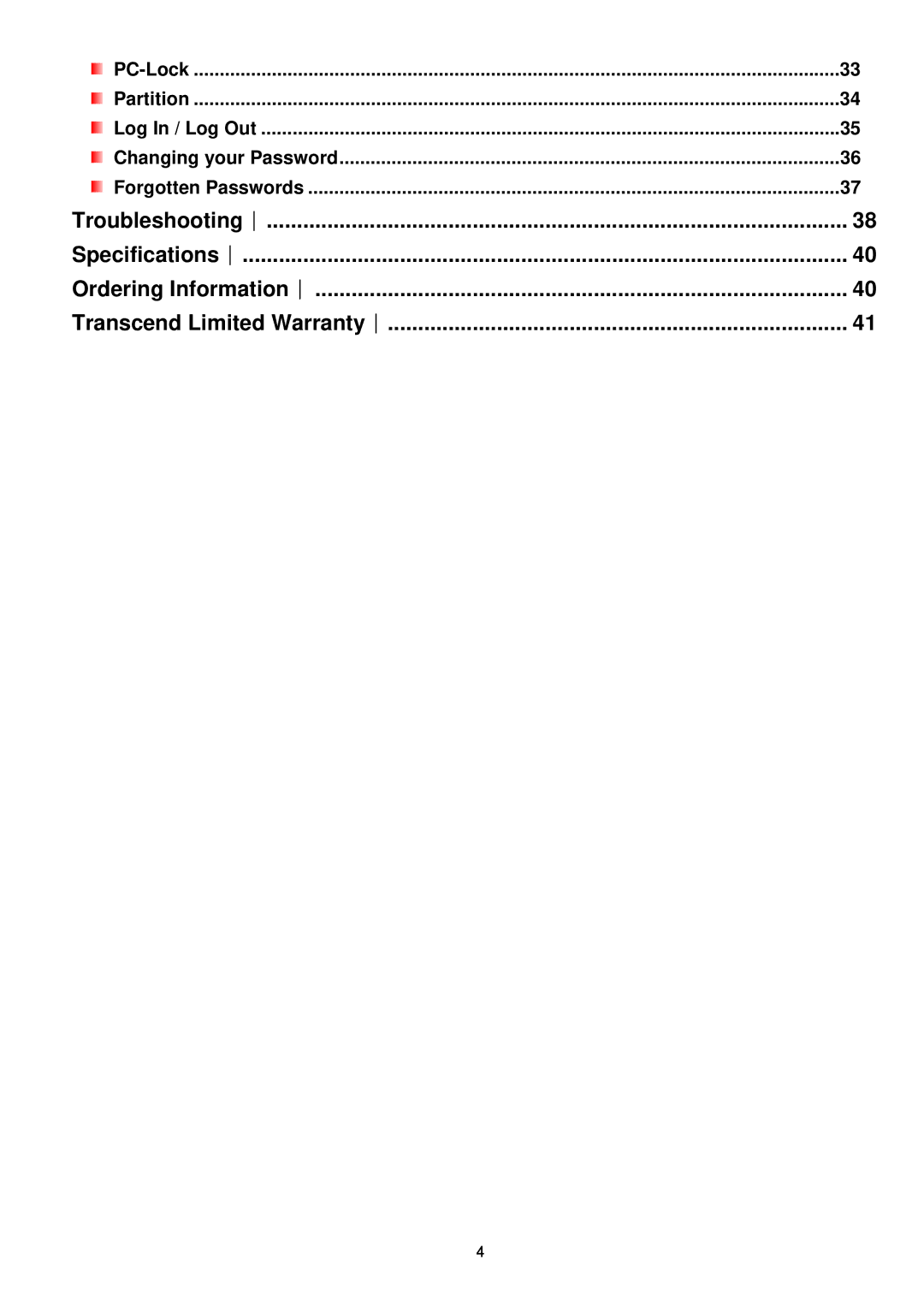 Transcend Information TS8GMP320, TS2GMP320, TS4GMP320 user manual Troubleshooting︱ Specifications︱ Ordering Information︱ 