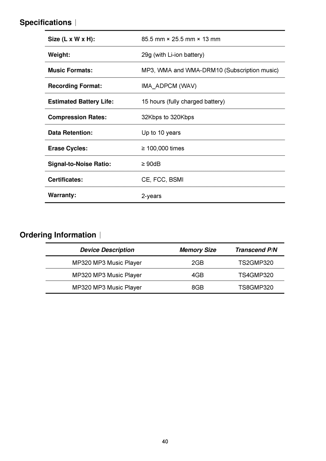 Transcend Information TS8GMP320, TS2GMP320, TS4GMP320 user manual Device Description 