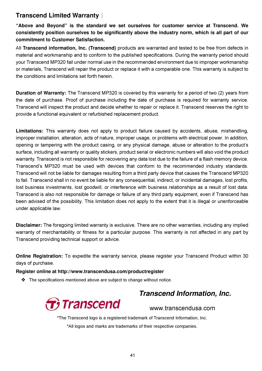 Transcend Information TS2GMP320, TS8GMP320, TS4GMP320 user manual Transcend Information, Inc, Transcend Limited Warranty︱ 