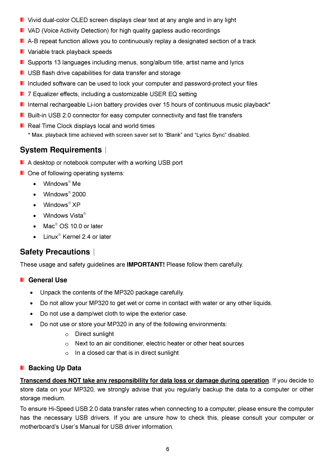 Transcend Information TS4GMP320, TS8GMP320, TS2GMP320 user manual System Requirements︱, Safety Precautions︱, General Use 