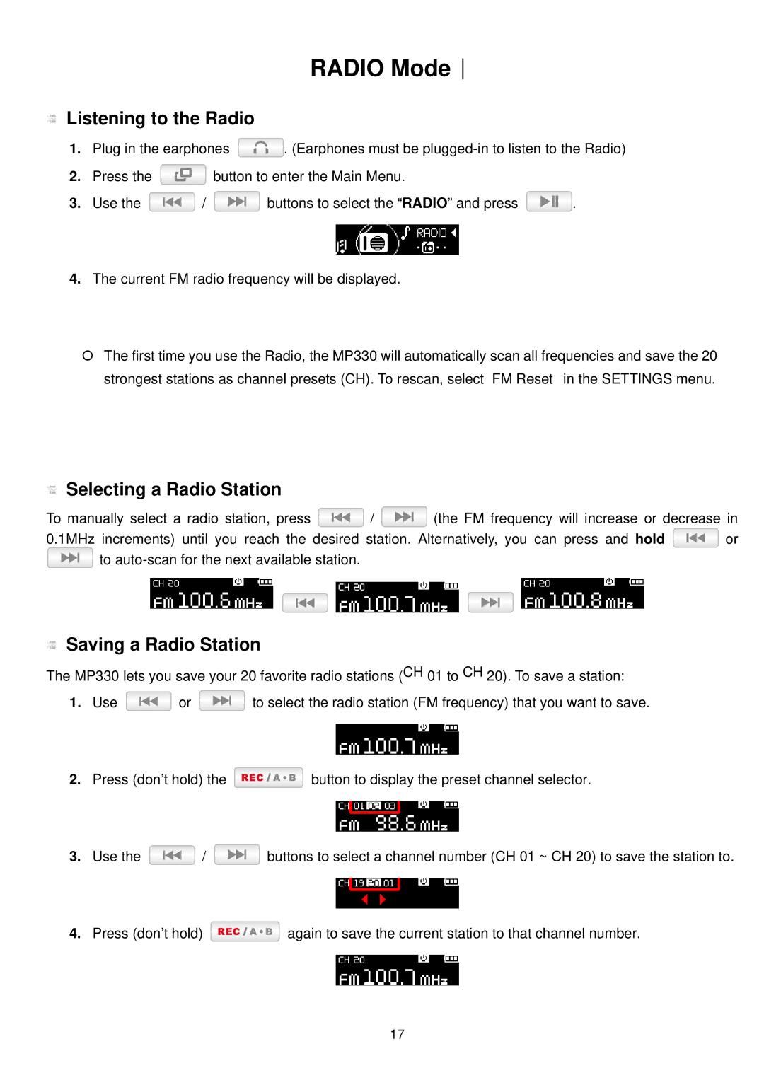 Transcend Information TS2GMP330 Radio Mode︱, Listening to the Radio, Selecting a Radio Station, Saving a Radio Station 