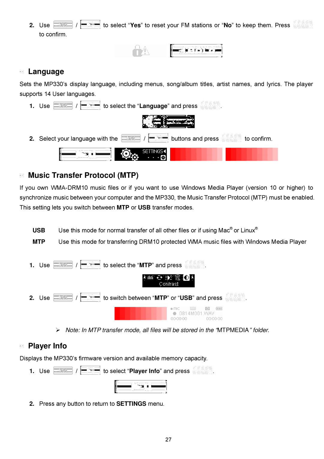 Transcend Information TS8GMP330, TS4GMP330, TS2GMP330 user manual Language, Music Transfer Protocol MTP, Player Info 