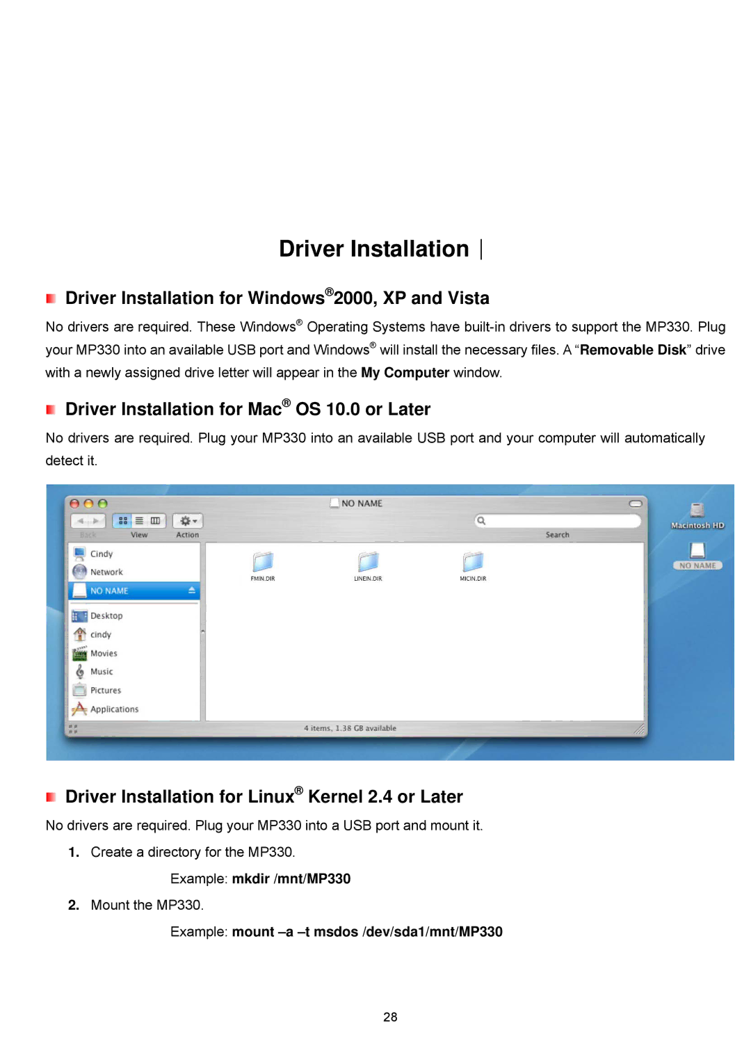 Transcend Information TS4GMP330, TS8GMP330 Driver Installation︱, Driver Installation for Windows2000, XP and Vista 