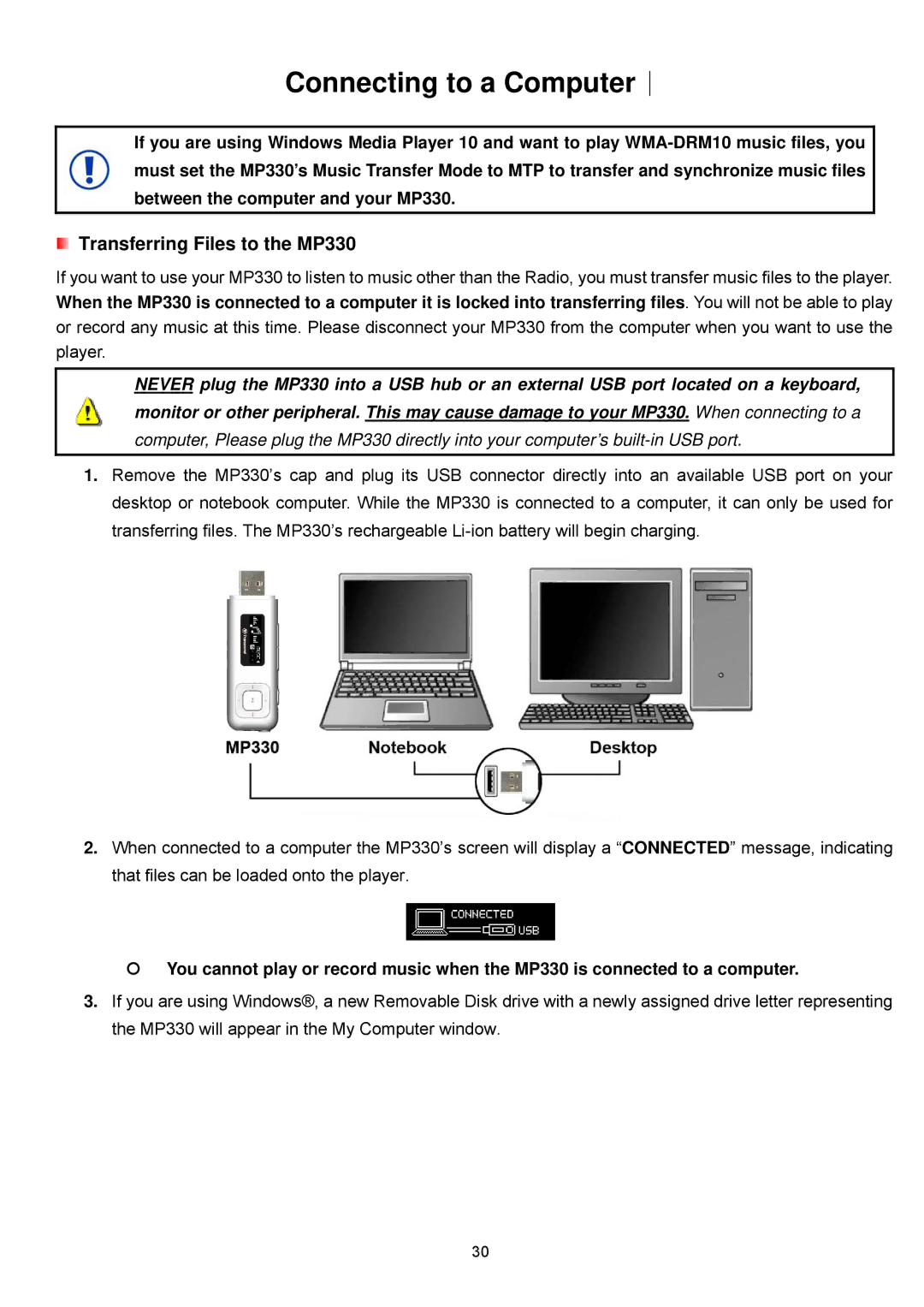 Transcend Information TS8GMP330, TS4GMP330, TS2GMP330 user manual Connecting to a Computer︱, Transferring Files to the MP330 