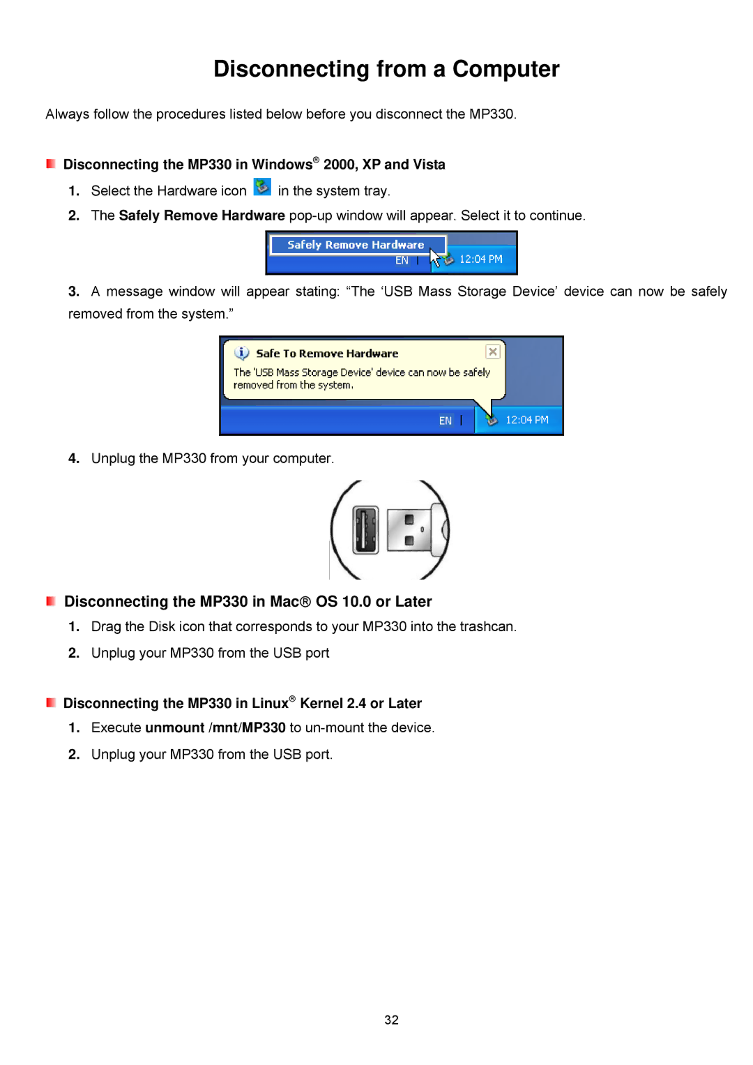 Transcend Information TS2GMP330, TS8GMP330 Disconnecting from a Computer, Disconnecting the MP330 in Mac→ OS 10.0 or Later 