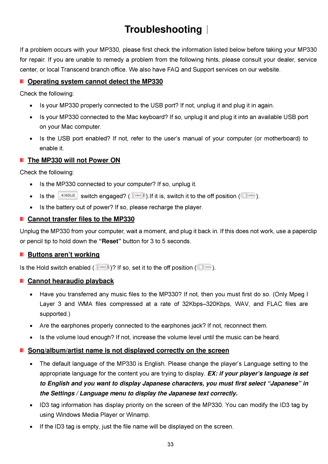 Transcend Information TS8GMP330, TS4GMP330, TS2GMP330 user manual Troubleshooting︱ 