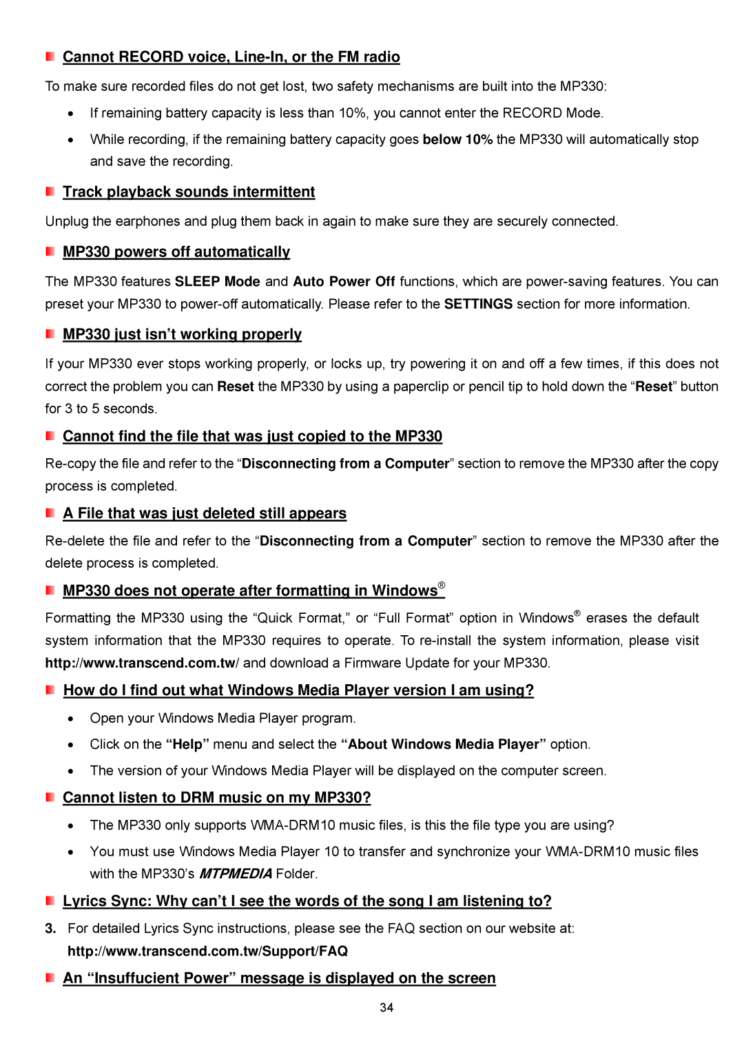 Transcend Information TS4GMP330 Cannot Record voice, Line-In, or the FM radio, Track playback sounds intermittent 